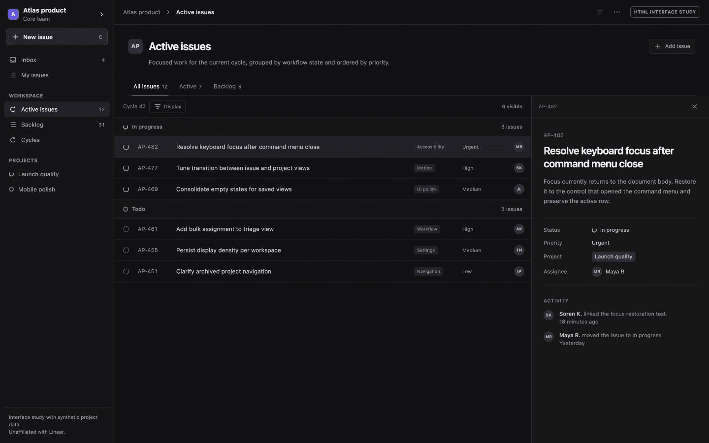 Screenshot of Linear issue workspace