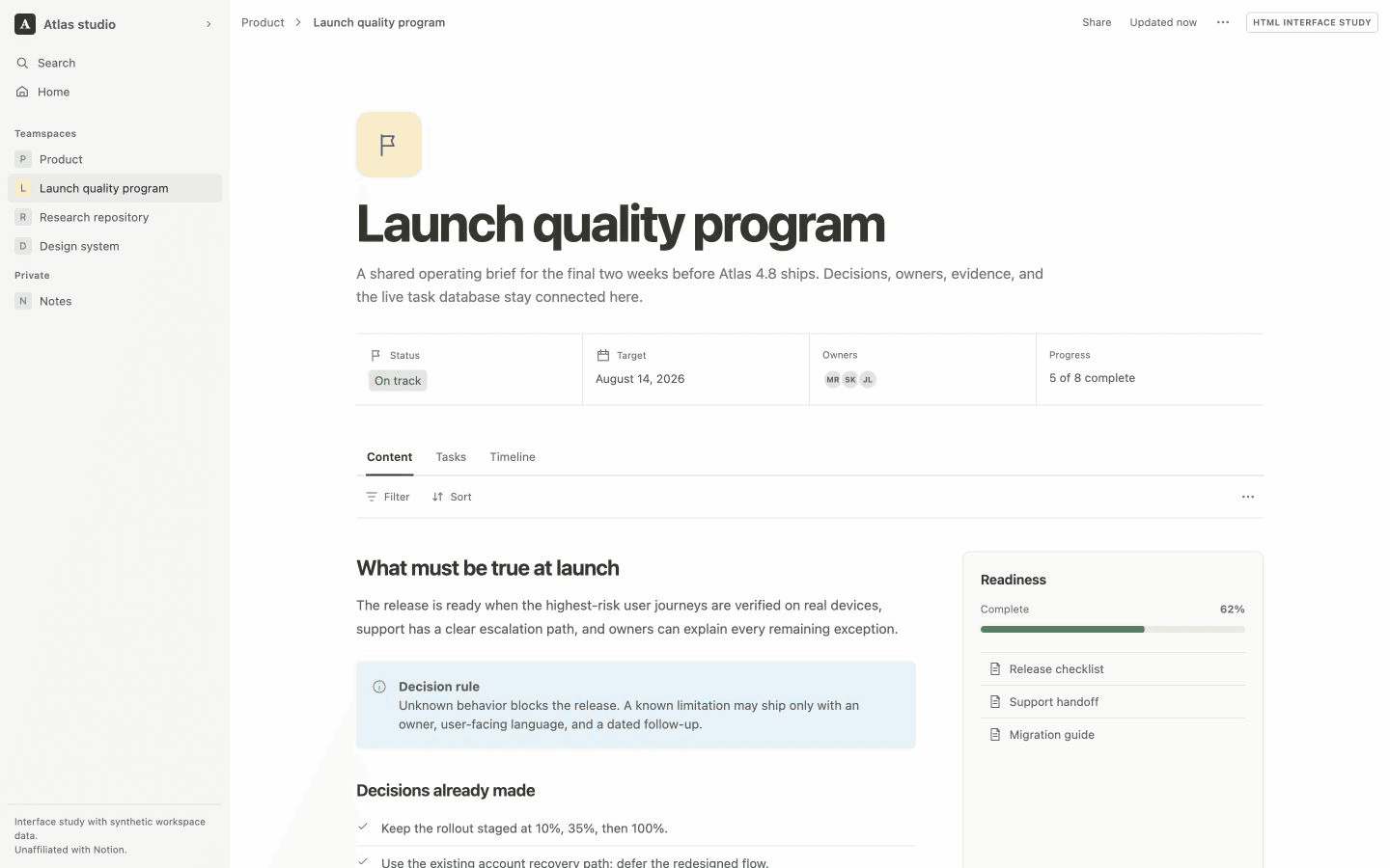 Screenshot of Notion project space