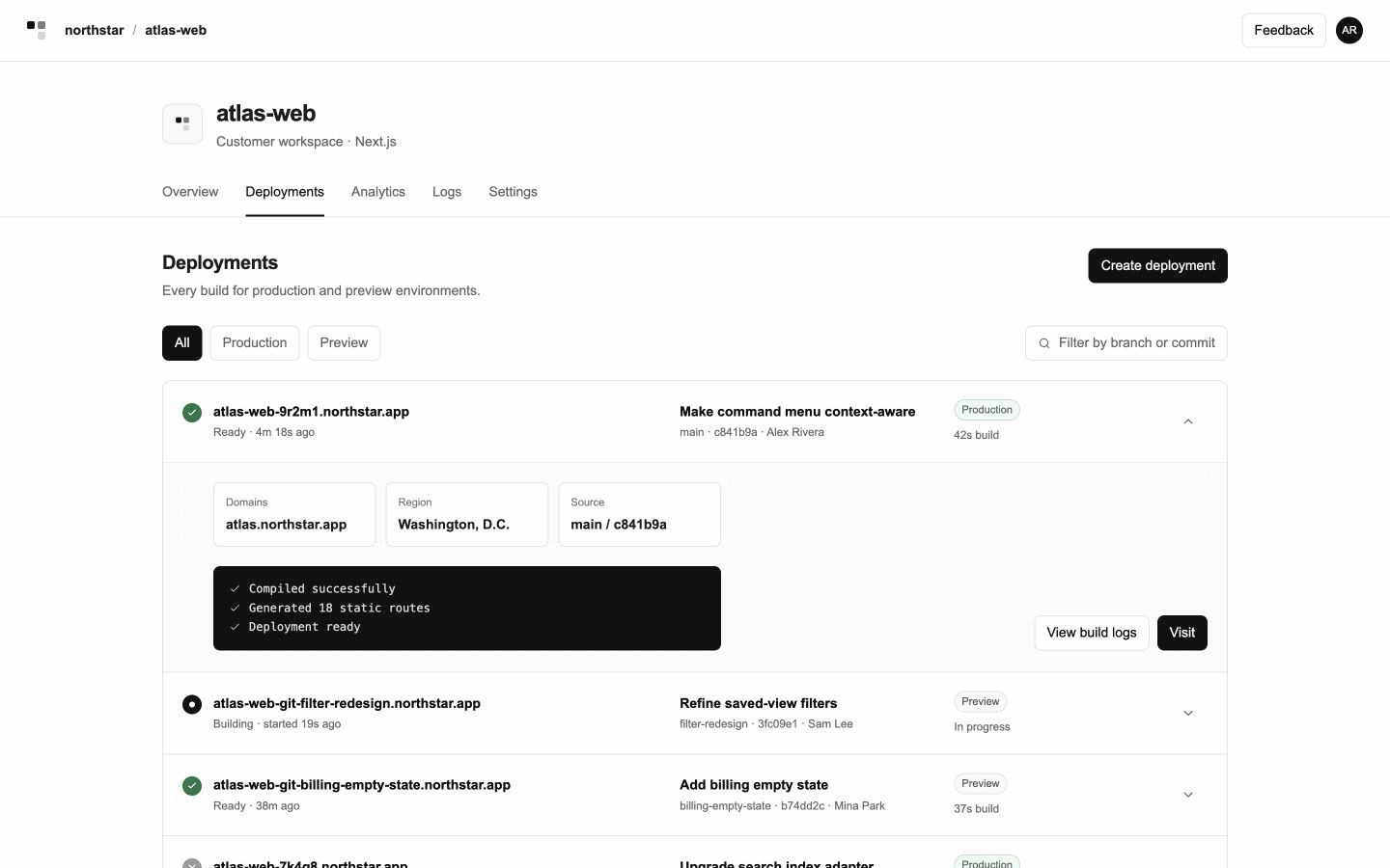Screenshot of Vercel deployment ledger