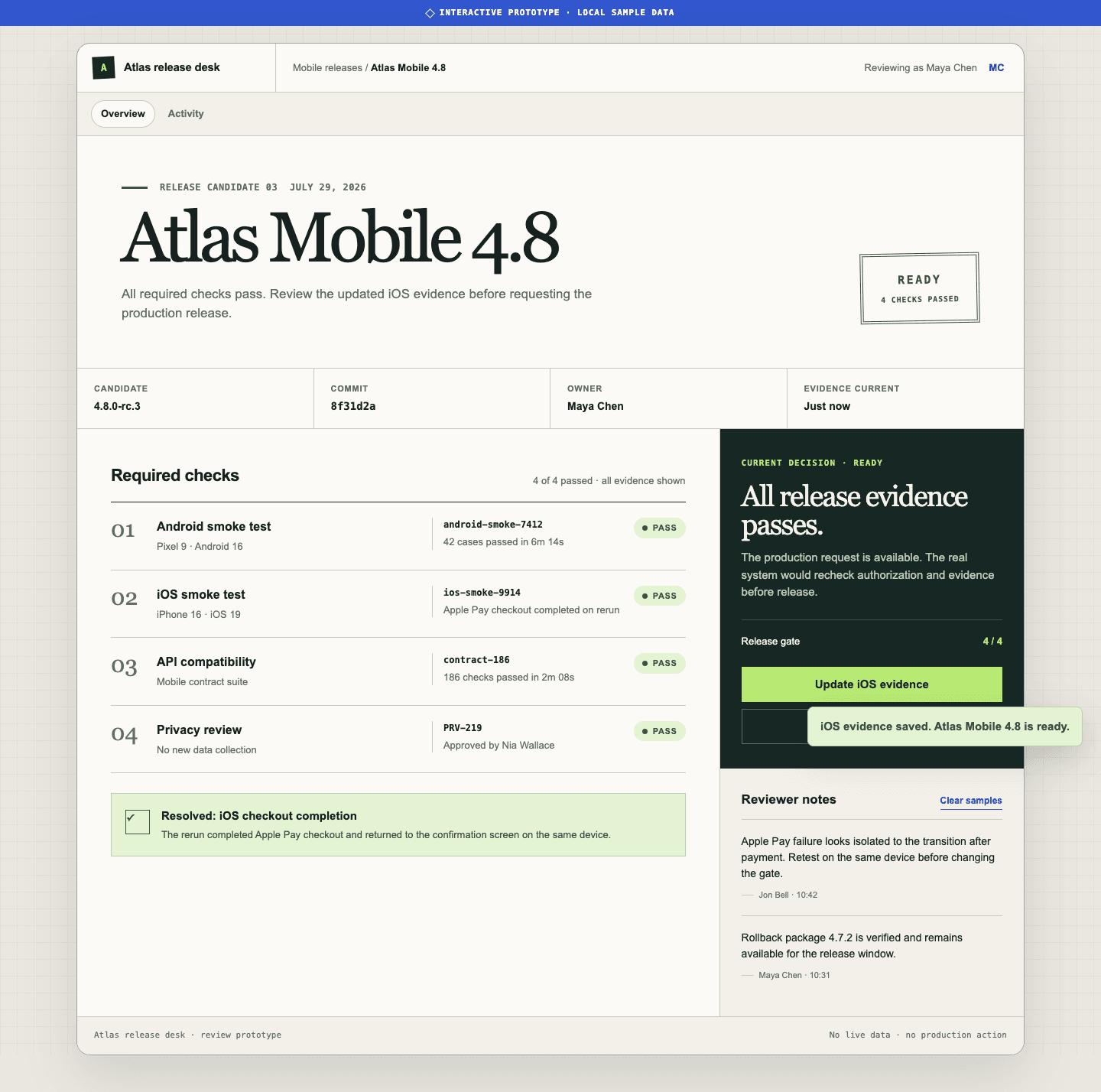 Interactive release readiness prototype