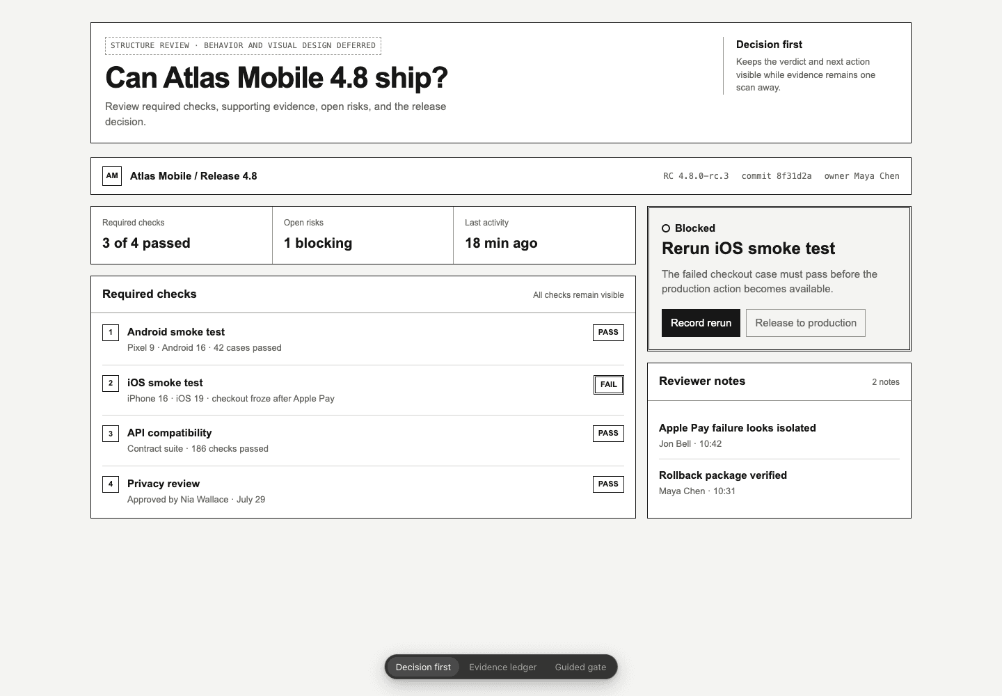 Low-fidelity release readiness wireframe